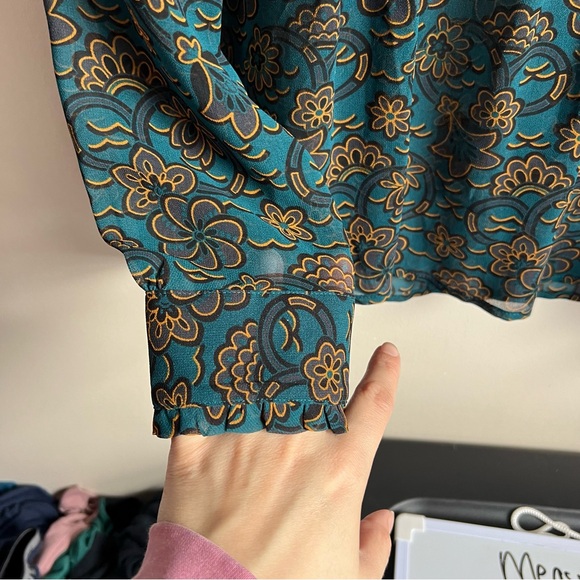 Loft Teal Green Floral Sheer Pintuck Popover Long Sleeve Blouse - Picture 2 of 7
